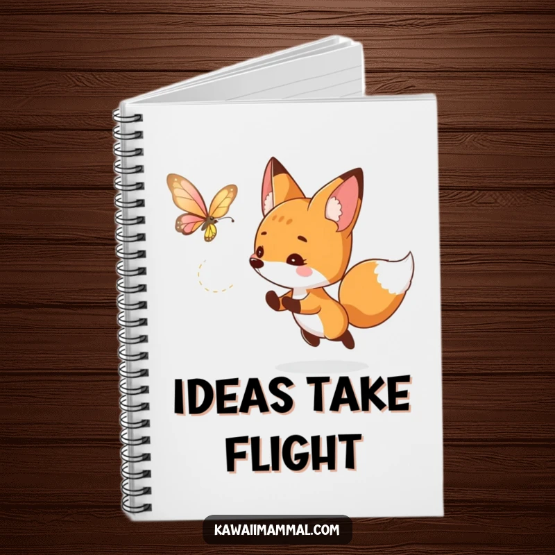 Funny fox notebook featuring a curious character playfully chasing a luminous butterfly, ideal for jotting down thoughts and inspirations.