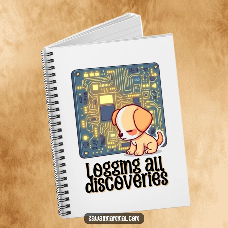 Funny notebook cover with a curious puppy character peeking at a glowing computer circuit board, ideal for note-taking.