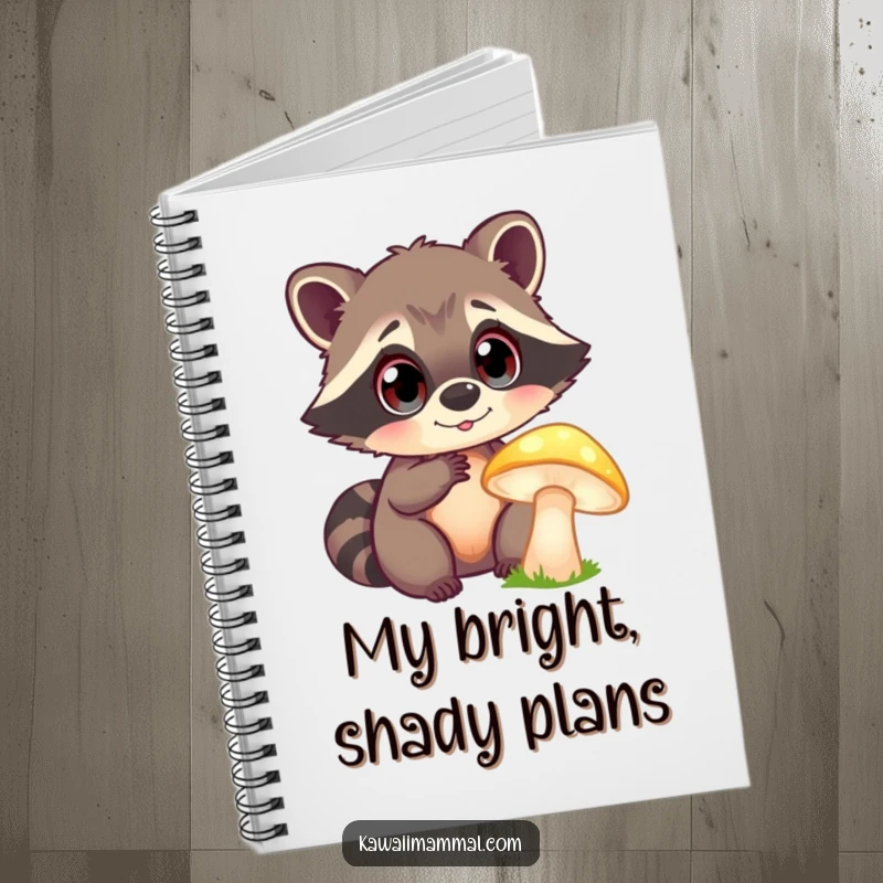 Funny Notebook: A curious raccoon with bright eyes enthusiastically examines a glowing mushroom, perfect for notes and magical thoughts.