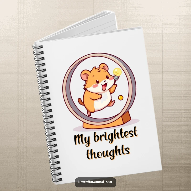 Funny notebook cover depicting a happy hamster running on a wheel that powers a glowing light bulb, perfect for note-taking.