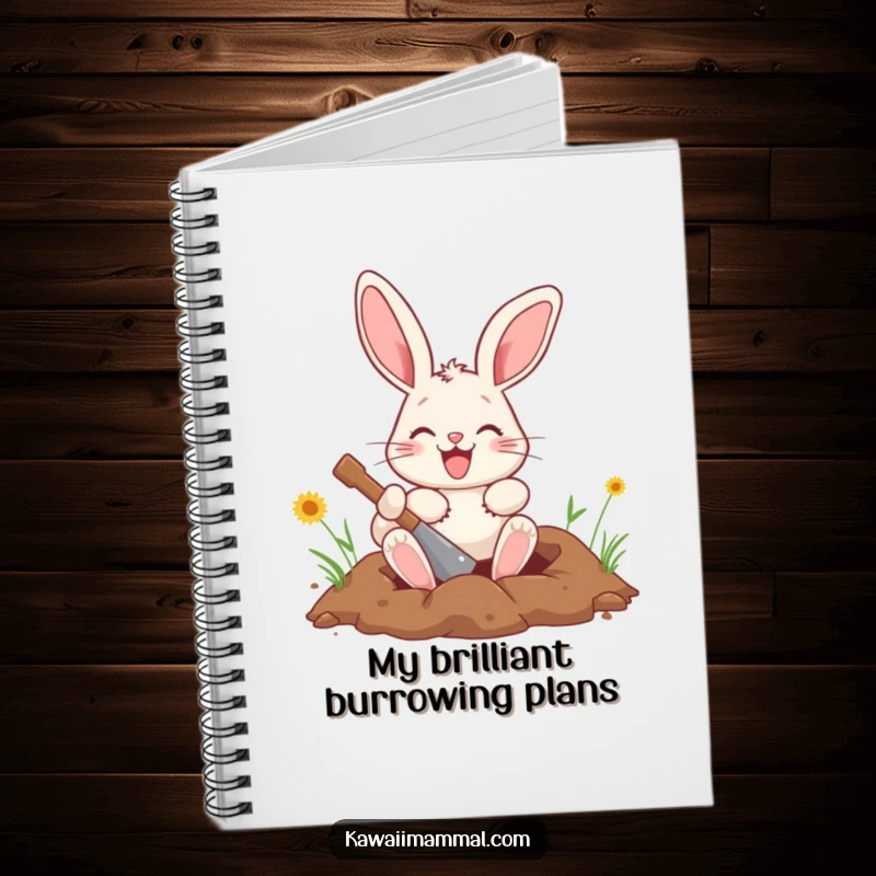 Funny bunny notebook with a playful character digging a hole, ideal for jotting down funny ideas and plans.