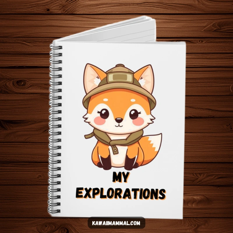 Funny notebook cover with a kawaii fox in an explorer hat, curiously peering, perfect for adventurous note-taking.