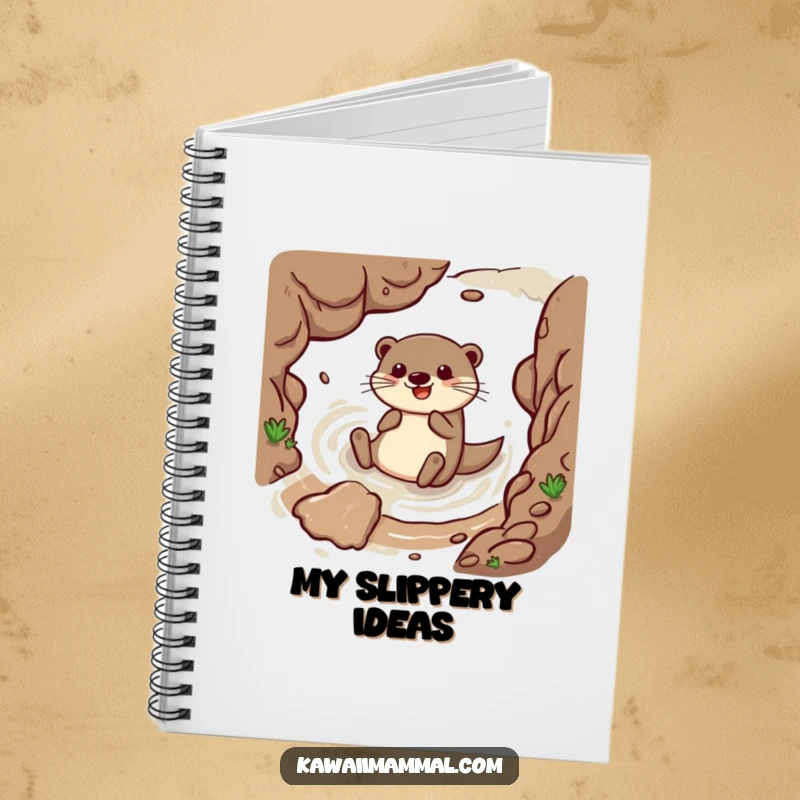 Funny notebook cover featuring a happy otter character joyfully sliding down a muddy embankment, inspiring fluid and humorous note-taking.