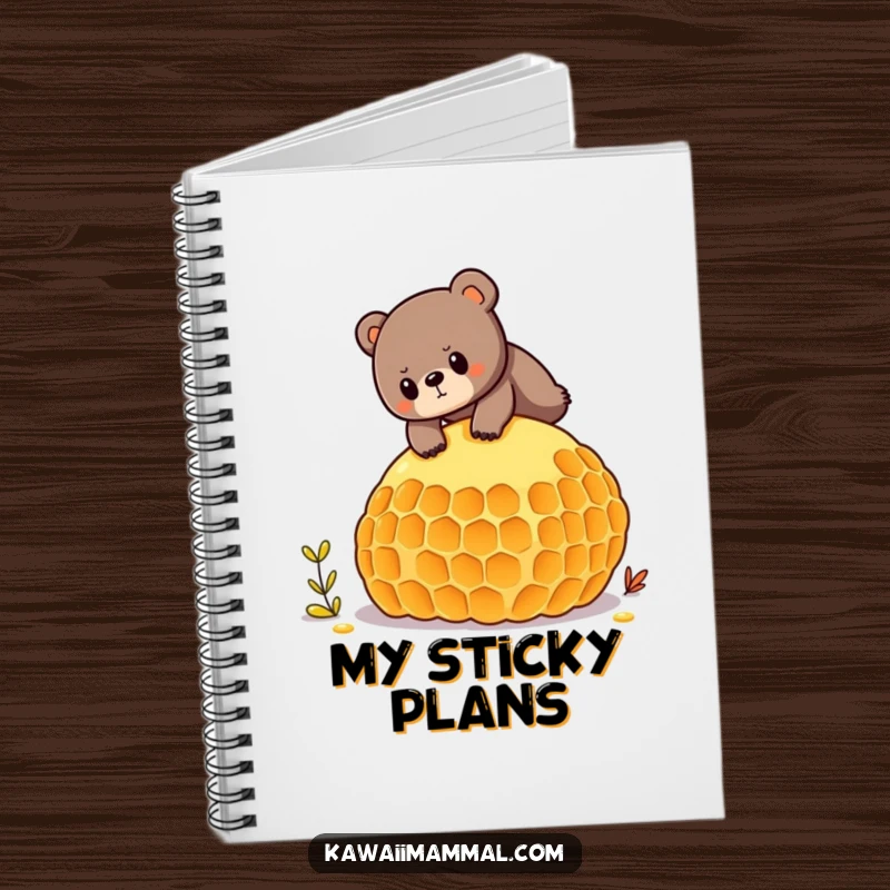 Funny notebook with a determined bear balancing on a honeycomb, great for notes and funny gift ideas.