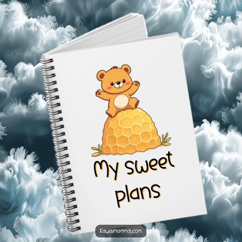 Funny notebook with a determined bear character humorously balancing on a giant honeycomb, ideal for jotting notes.