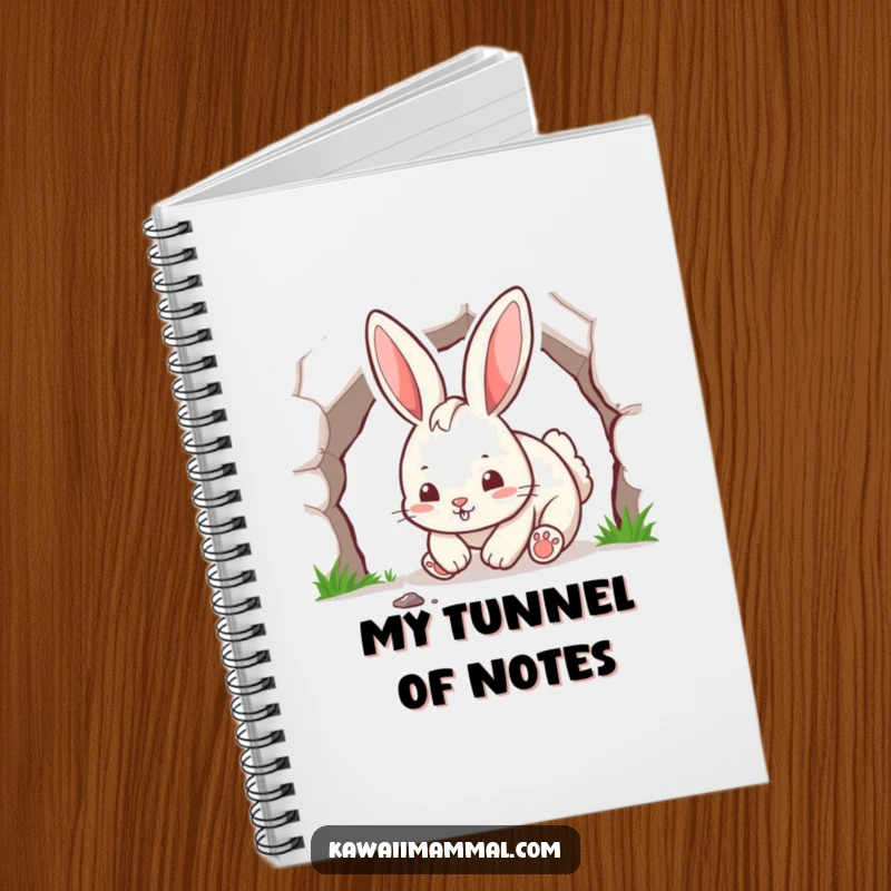 Funny playful rabbit character, digging a tunnel, on the cover of a humorous notebook.