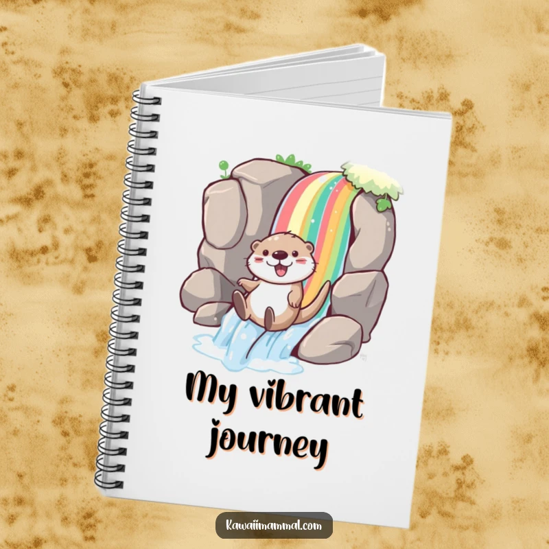 Funny otter notebook featuring a playful character joyfully sliding down a rainbow waterfall, ideal for jotting down joyful thoughts and ideas.