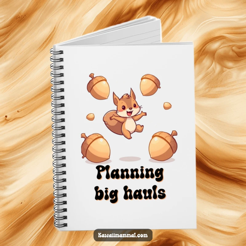 Funny squirrel notebook featuring an energetic character leaping between giant, sparkling acorns, ideal for jotting down energetic thoughts and plans.