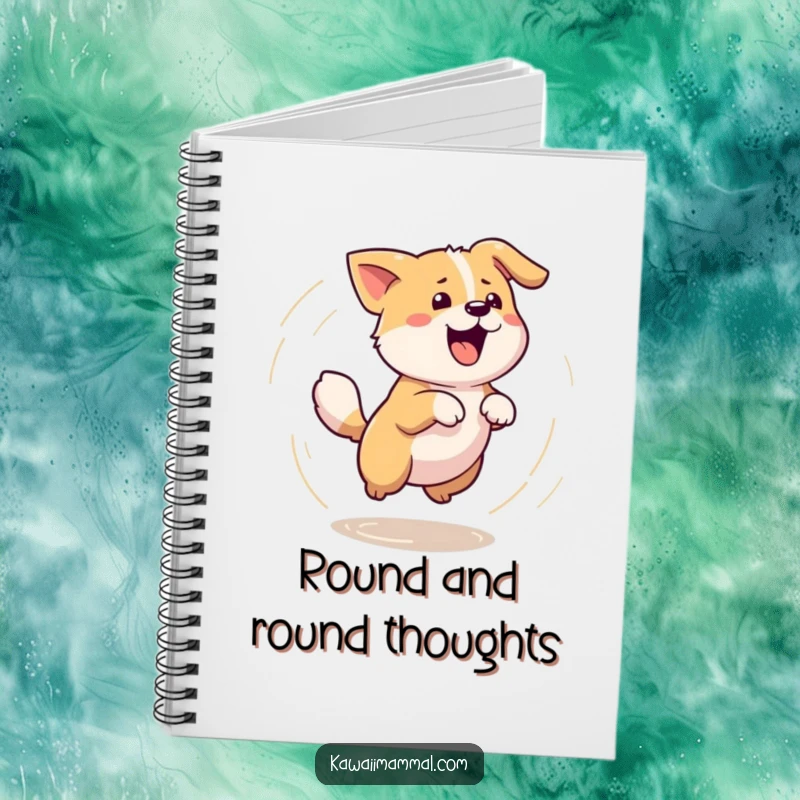Funny notebook cover with a Kawaii dog spinning in a dizzy circle chasing its tail, inspiring energetic notes and humorous doodles.