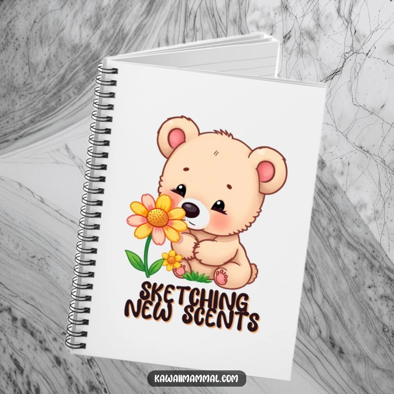 Funny notebook featuring a curious bear cub sniffing a colorful flower, perfect for jotting down thoughts with a sense of wonder.