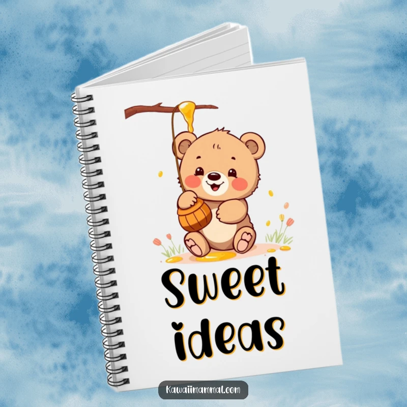 Funny notebook cover with a kawaii bear cub enthusiastically batting at a honey pot, perfect for sweet note-taking.