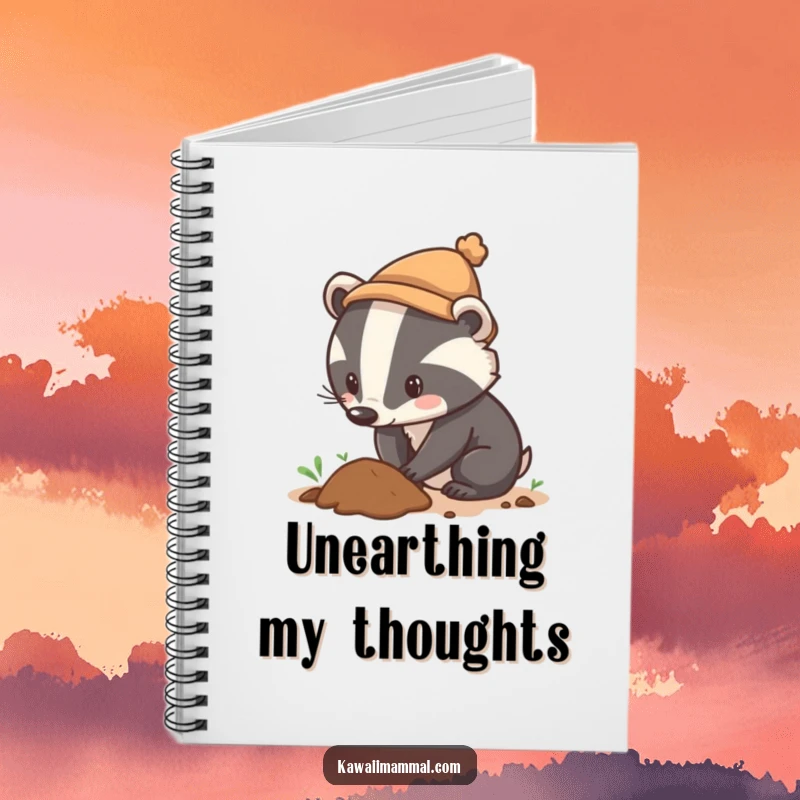 Funny notebook cover featuring a curious badger wearing a tiny hat, digging with great determination, inspiring focused and humorous note-taking.