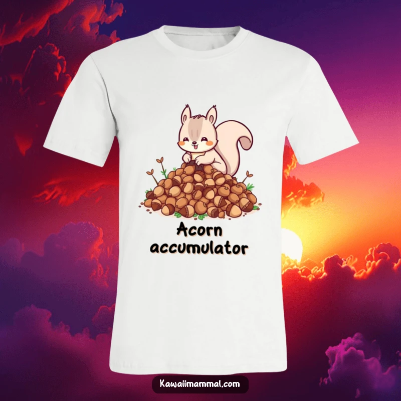 Funny Kawaii Squirrel T-Shirt: A cute squirrel is hilariously overwhelmed by its huge pile of acorns, perfect for any funny enthusiast.