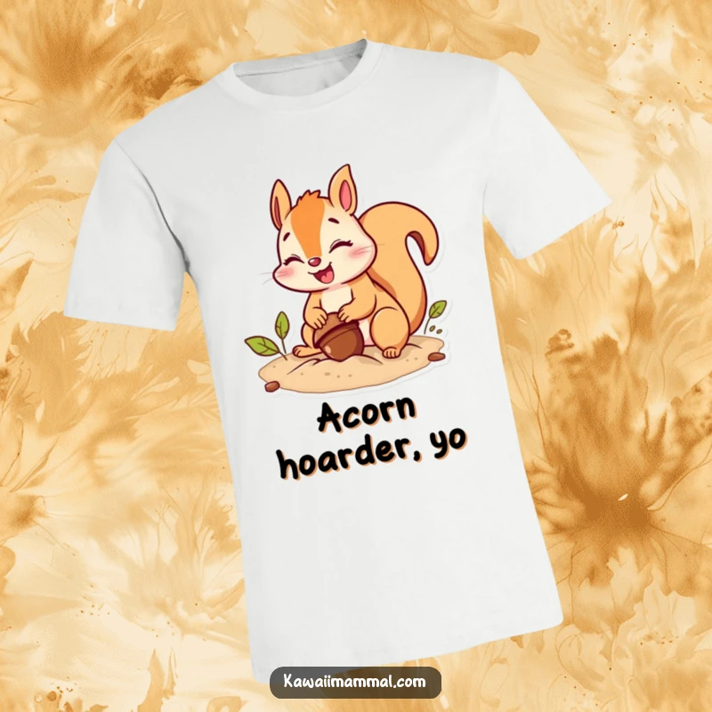 Funny squirrel t-shirt with a giggling character putting maximum effort into burying an acorn, a truly humorous design.