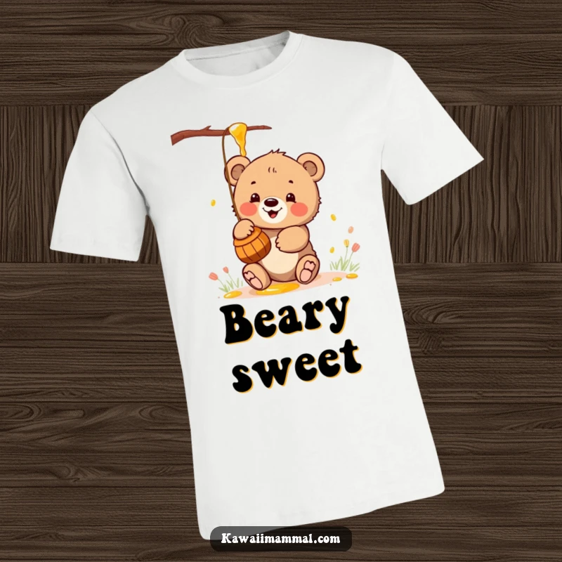 Funny t-shirt showcasing a kawaii bear cub happily batting at a honey pot, embodying cute enthusiasm and sweetness.
