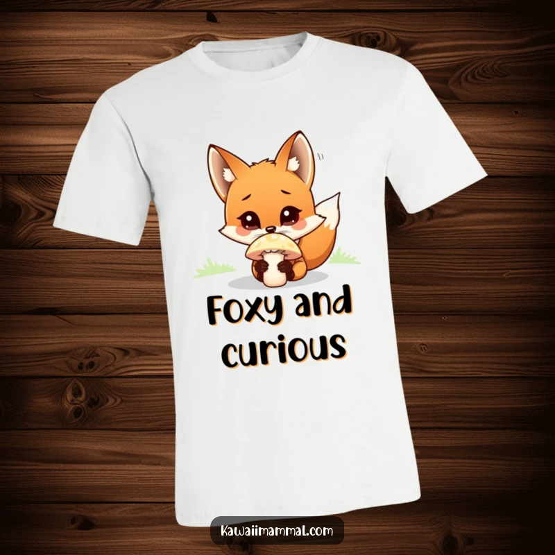 Funny fox character, with wide eyes, curiously sniffing a colorful mushroom, a humorous t-shirt.