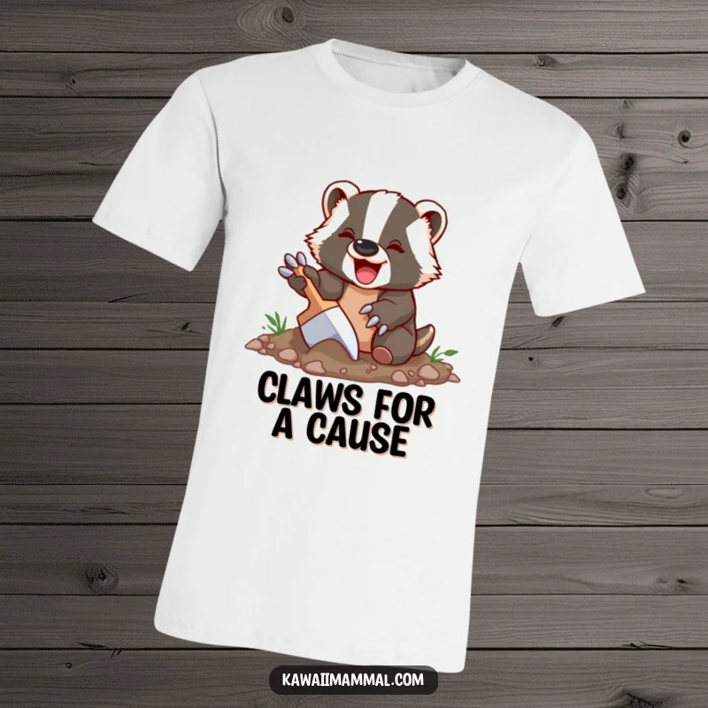 Funny Badger T-Shirt featuring a delighted badger character happily digging with oversized claws, a rugged and amusing graphic.