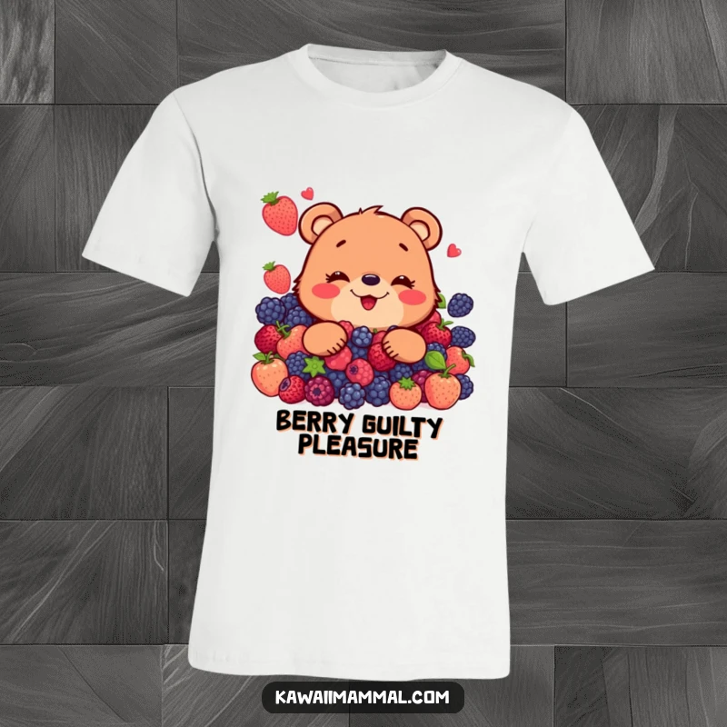 Funny t-shirt showcasing a cheerful bear character with a wide smile, feasting on an enormous mound of juicy, vibrant berries.