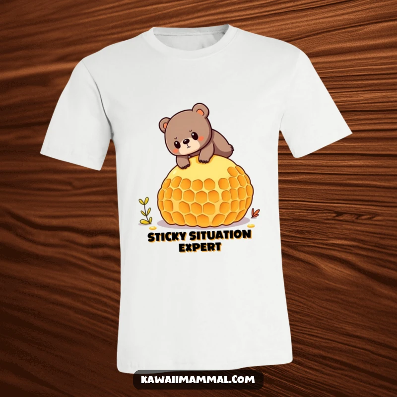 Funny t-shirt depicting a determined bear struggling to balance on a huge honeycomb, conveying effort and a quest for honey.