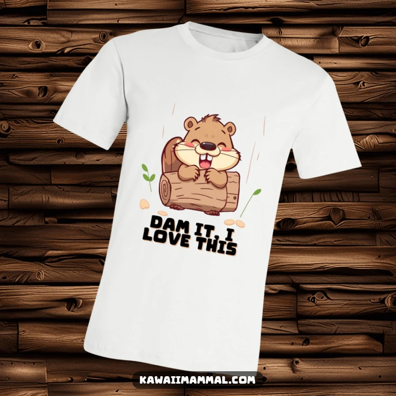 Funny happy beaver character with a determined look, gnawing a big log, a hilarious t-shirt.