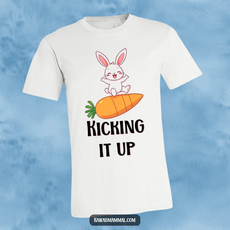 Funny t-shirt illustrating a happy bunny playfully high-jumping over a giant carrot, full of energy and delight.