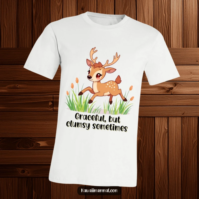 Funny T-Shirt: A cheerful deer with graceful antlers gracefully leaps through tall grass, representing elegance and wild spirit.