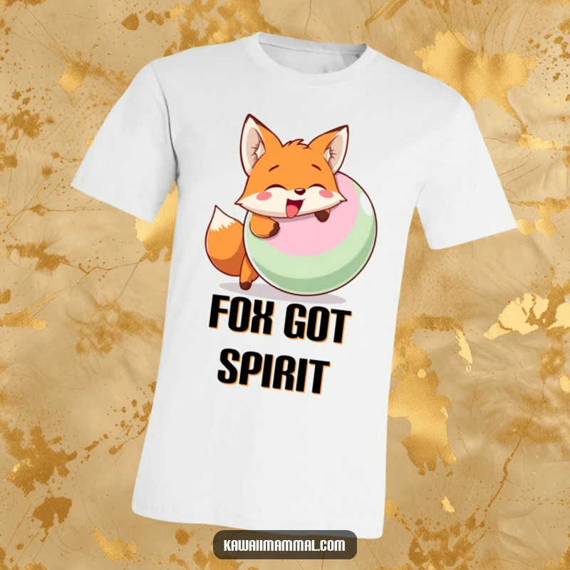 Funny t-shirt illustrating a happy fox character enthusiastically head-butting a big inflatable ball with a determined smile.
