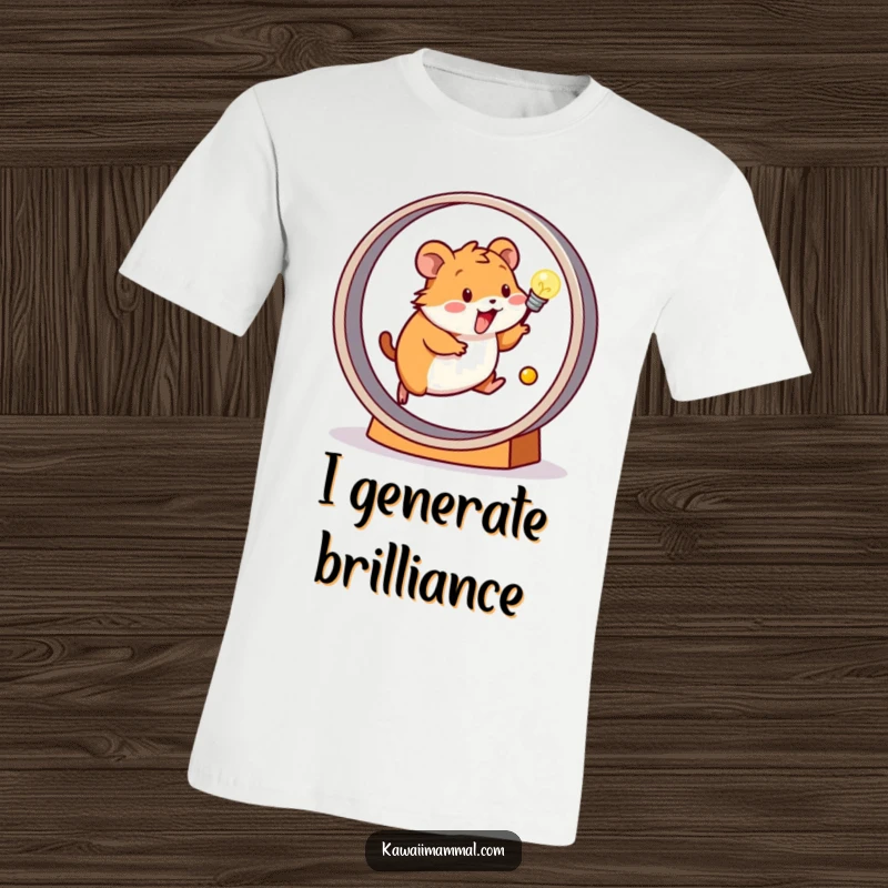 Funny t-shirt depicting a happy hamster running on a wheel, its motion powering a small, glowing light bulb above.