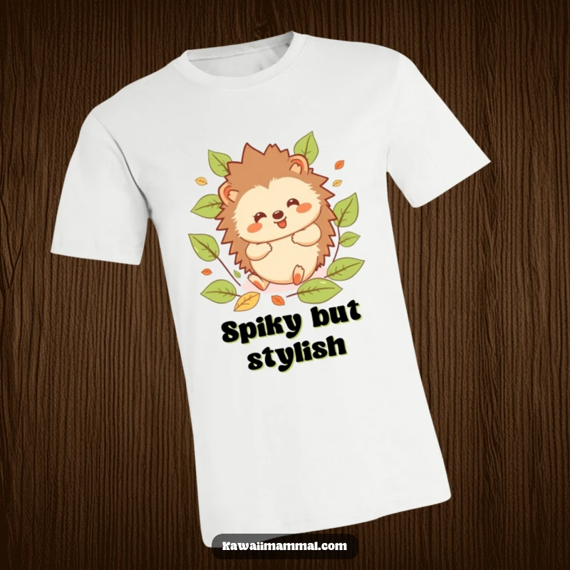 Funny Hedgehog T-Shirt: Cute kawaii hedgehog mid-roll with leaves, showcasing a funny, gleeful expression and playful autumn spirit.