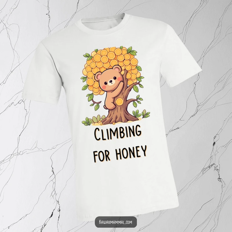 Funny t-shirt featuring a Kawaii bear character attempting to climb a honeycomb tree, illustrating a sticky, sweet, and comical quest.