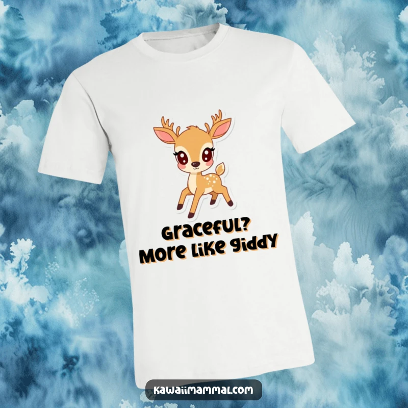 Funny kawaii deer with wide, innocent eyes, captured mid-prance, radiating joy and cuteness on a comfortable tee.
