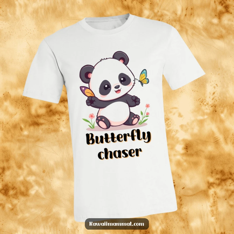 Funny Kawaii Panda T-Shirt: A cute panda playfully attempts to tag a butterfly, captured in a moment of funny, gentle pursuit.