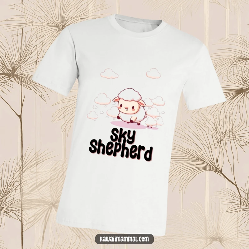 Funny Kawaii Sheep T-Shirt: A cute sheep playfully attempts to herd fluffy clouds, captured in a moment of funny, dreamy guidance.