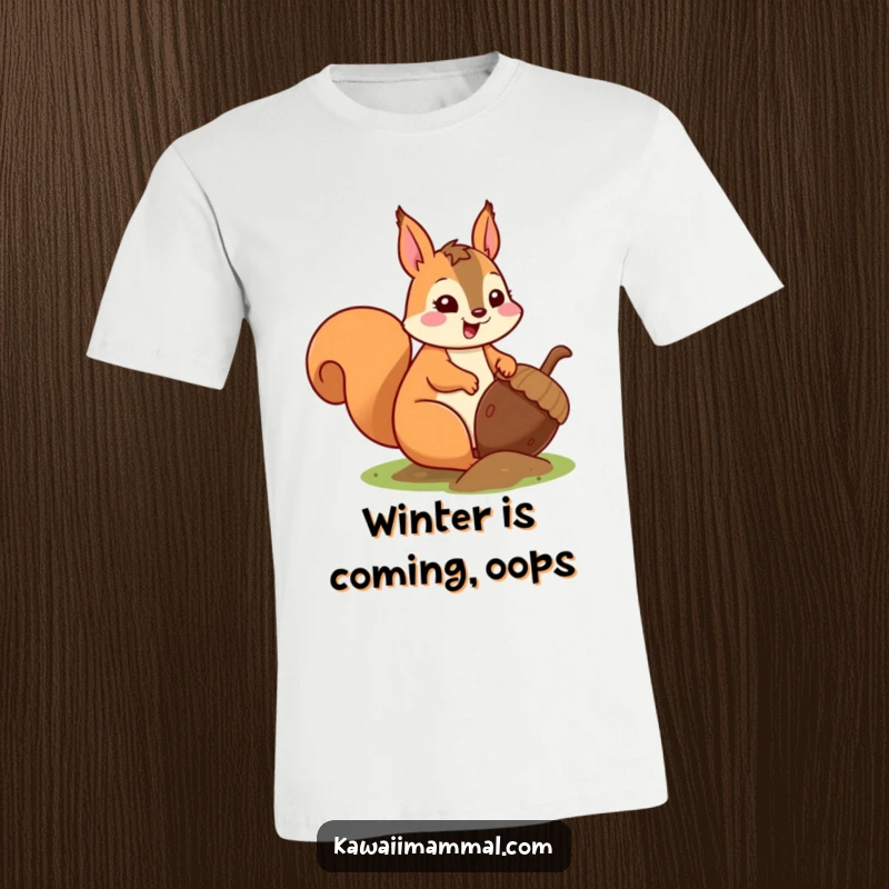 Funny kawaii squirrel, eyes wide with glee, triumphantly burying a gigantic acorn, a comical woodland creature tee.