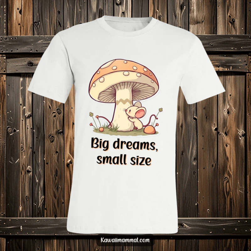 Funny Mouse T-Shirt: Adorable kawaii mouse bravely investigating a huge mushroom, showcasing curiosity and a funny sense of adventure.