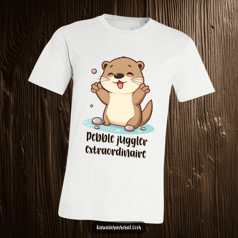 Funny Otter T-Shirt: A delightful otter in mid-air, expertly juggling a cascade of shimmering pebbles with a look of pure concentration and fun.