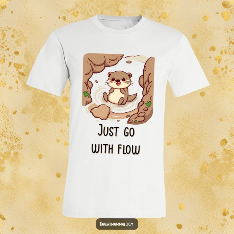 Funny t-shirt graphic of a sleek otter character gleefully sliding down a muddy bank, embodying pure exhilaration and watery delight.
