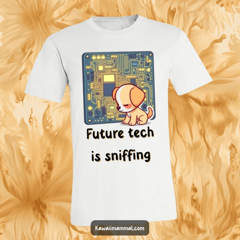 Funny t-shirt showcasing a curious puppy with its nose close to a giant, illuminated computer circuit board, radiating geeky charm.