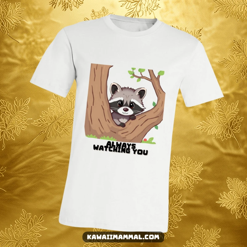 Funny t-shirt design of a curious raccoon peeking mischievously from behind a tree, inviting a smile.