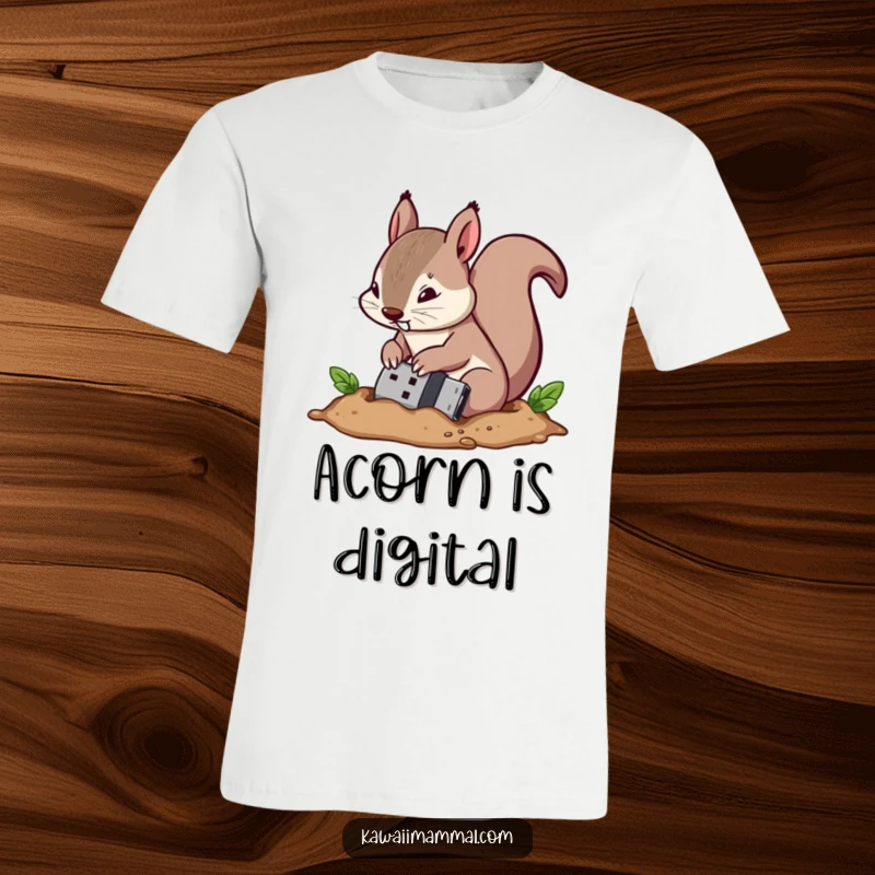 Funny t-shirt depicting a determined squirrel burying a USB drive, symbolizing digital storage and quirky behavior.