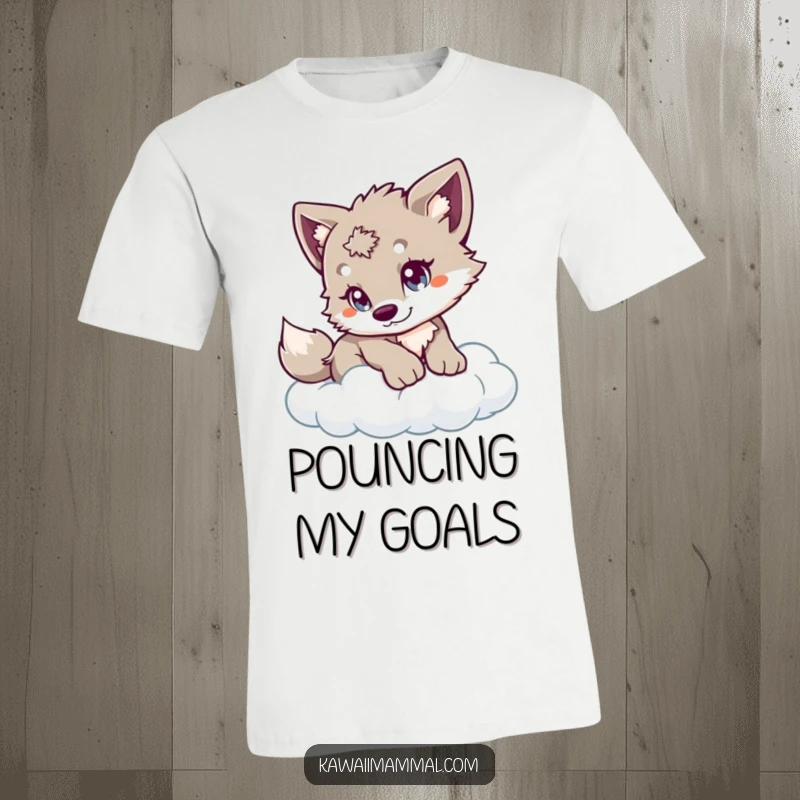 Funny Wolf Cub T-Shirt showing a playful cub with eager eyes, cautiously pouncing onto a cloud, embodying a spirit of lighthearted exploration.