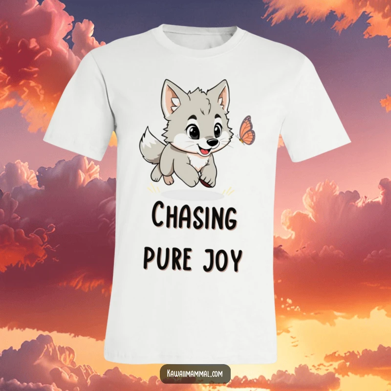 Funny t-shirt design featuring an excited wolf puppy enthusiastically pursuing a colorful butterfly in motion.