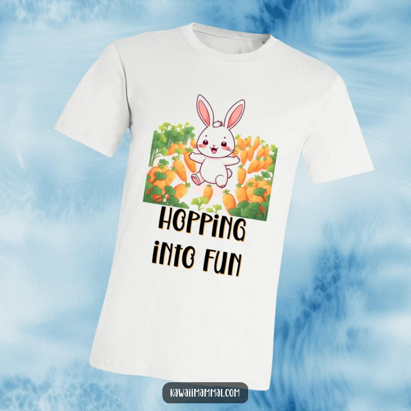 Funny rabbit t-shirt featuring a cheerful character hopping through a field of glowing carrots, embodying pure delight and adventure.