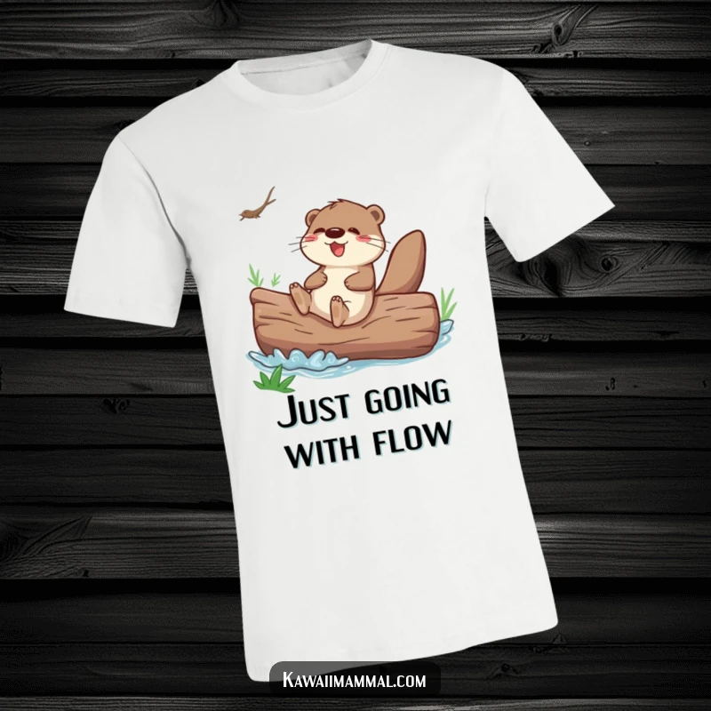Funny otter sliding down a giant river log on a t-shirt, embodying playful adventure and joy.