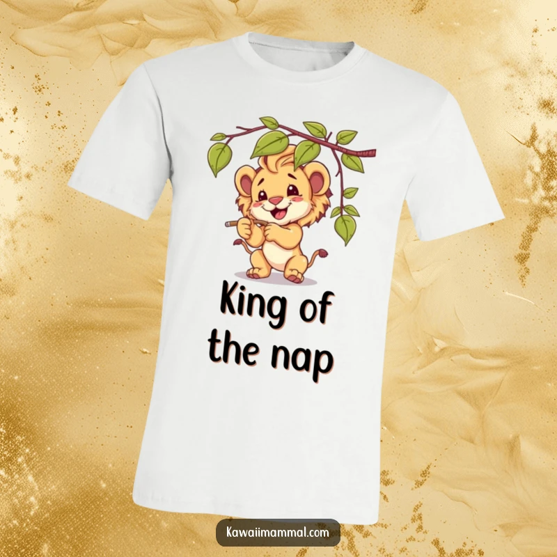 Funny lion cub t-shirt, captured mid-play batting at a dangling vine, exuding pure, unadulterated fun.