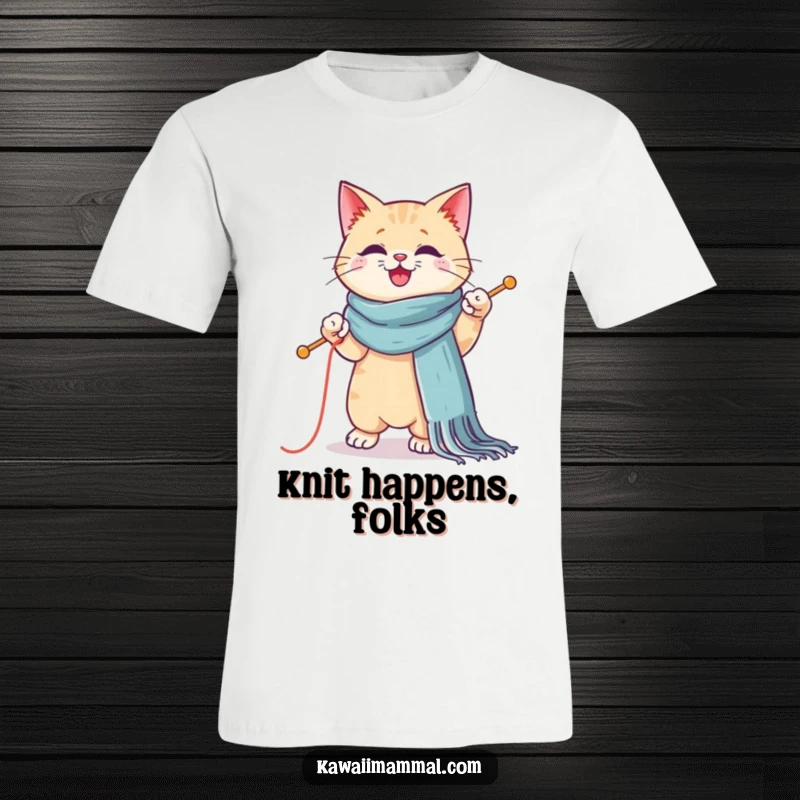 Funny t-shirt featuring a Kawaii cat hilariously trying to knit a giant scarf while balancing on a single paw, full of charm.