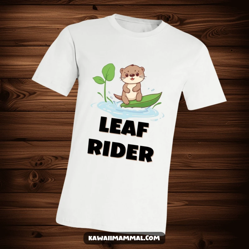 Funny Kawaii Otter T-Shirt: A cute otter attempts to surf on a large leaf in a puddle, a hilarious depiction of tiny adventures.