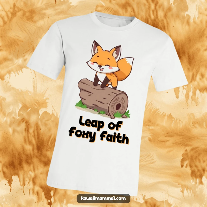 Funny fox t-shirt with a cheerful character leaping over a log, ears perked, radiating pure happiness and playful energy.