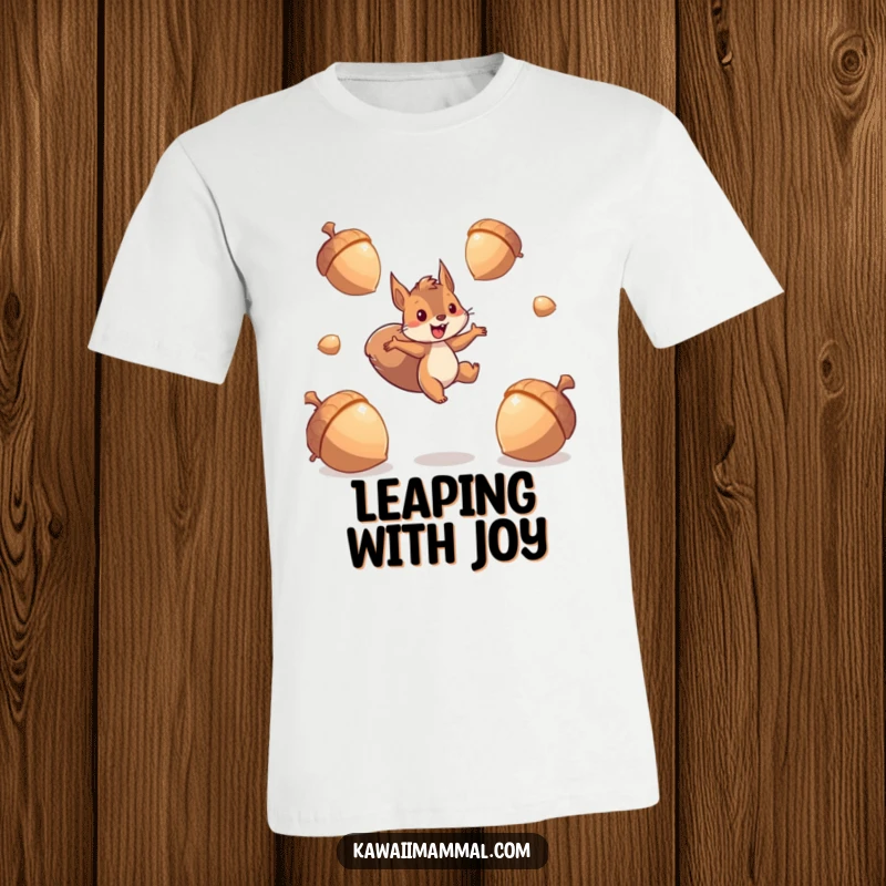 Funny squirrel t-shirt featuring an energetic character leaping between giant, sparkling acorns, showcasing dynamic movement and playful spirit.