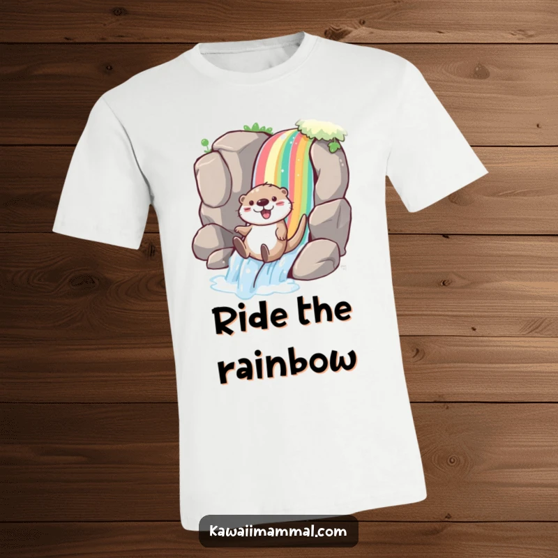 Funny otter t-shirt featuring a playful character joyfully sliding down a rainbow waterfall, exuding happiness and vibrant energy.